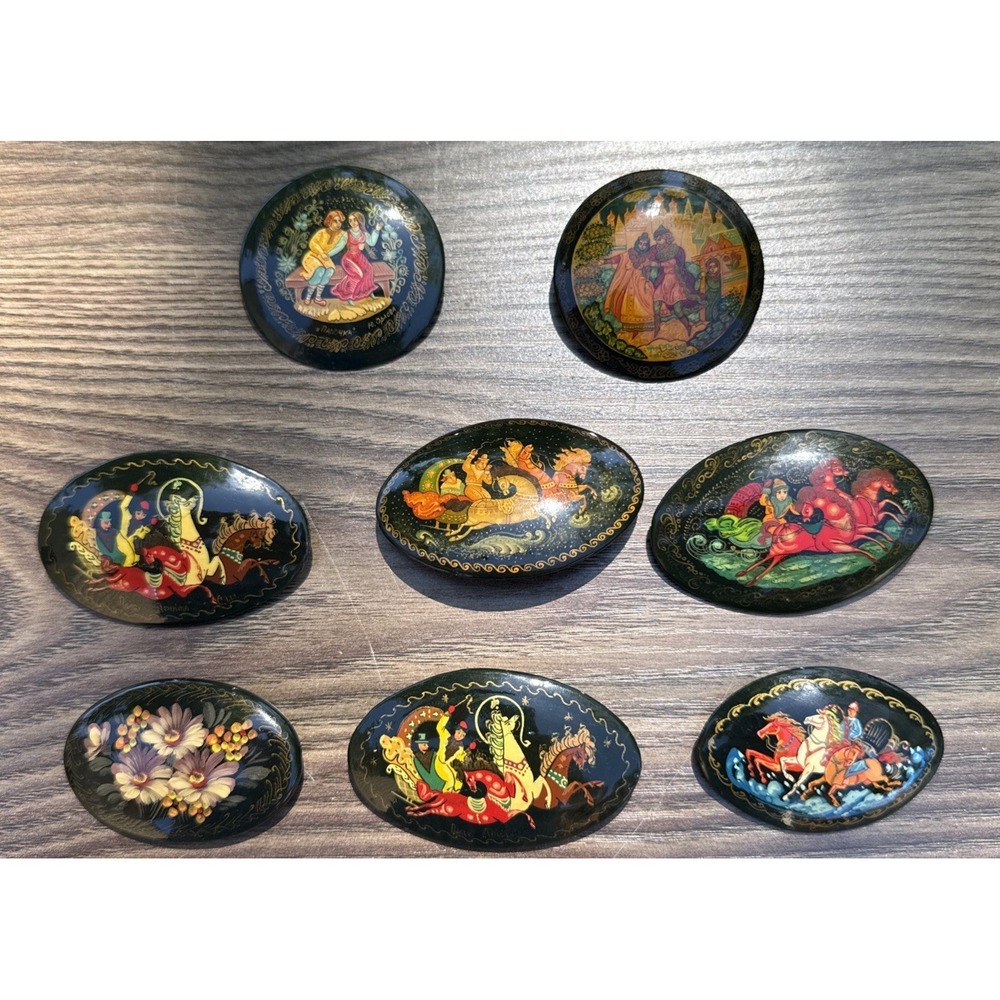 Vintage Russian Brooch Hand Painted Horses Floral Ect Black Oval-Circle Lot of 8